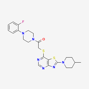 molecular formula C23H27FN6OS2 B11269144 1-[4-(2-Fluorophenyl)piperazin-1-YL]-2-{[2-(4-methylpiperidin-1-YL)-[1,3]thiazolo[4,5-D]pyrimidin-7-YL]sulfanyl}ethan-1-one 