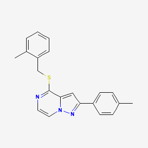 molecular formula C21H19N3S B11269377 4-[(2-Methylbenzyl)sulfanyl]-2-(4-methylphenyl)pyrazolo[1,5-a]pyrazine 