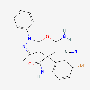 molecular formula C21H14BrN5O2 B11269500 6'-amino-5-bromo-3'-methyl-2-oxo-1'-phenyl-1,2-dihydro-1'H-spiro[indole-3,4'-pyrano[2,3-c]pyrazole]-5'-carbonitrile 