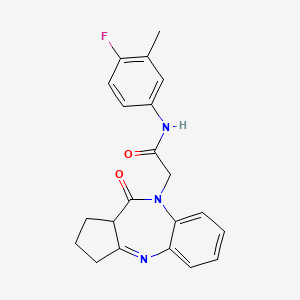 molecular formula C21H20FN3O2 B11269708 N-(4-Fluoro-3-methylphenyl)-2-[10-oxo-2,3,10,10A-tetrahydrocyclopenta[B][1,5]benzodiazepin-9(1H)-YL]acetamide 