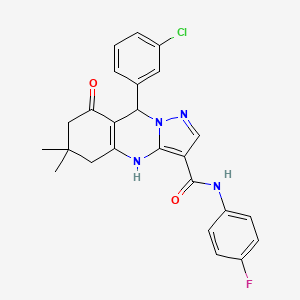 molecular formula C25H22ClFN4O2 B11269775 9-(3-chlorophenyl)-N-(4-fluorophenyl)-6,6-dimethyl-8-oxo-4,5,6,7,8,9-hexahydropyrazolo[5,1-b]quinazoline-3-carboxamide 