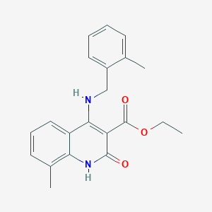 molecular formula C21H22N2O3 B11269814 Ethyl 8-methyl-4-((2-methylbenzyl)amino)-2-oxo-1,2-dihydroquinoline-3-carboxylate 