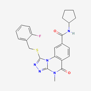 molecular formula C23H22FN5O2S B11269868 N-Cyclopentyl-1-{[(2-fluorophenyl)methyl]sulfanyl}-4-methyl-5-oxo-4H,5H-[1,2,4]triazolo[4,3-A]quinazoline-8-carboxamide 