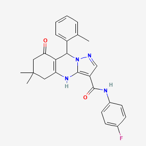 molecular formula C26H25FN4O2 B11269936 N-(4-fluorophenyl)-6,6-dimethyl-9-(2-methylphenyl)-8-oxo-4,5,6,7,8,9-hexahydropyrazolo[5,1-b]quinazoline-3-carboxamide 