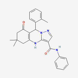 molecular formula C26H26N4O2 B11269994 6,6-dimethyl-9-(2-methylphenyl)-8-oxo-N-phenyl-4,5,6,7,8,9-hexahydropyrazolo[5,1-b]quinazoline-3-carboxamide 