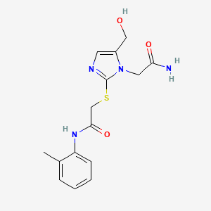 molecular formula C15H18N4O3S B11270380 2-{[1-(Carbamoylmethyl)-5-(hydroxymethyl)-1H-imidazol-2-YL]sulfanyl}-N-(2-methylphenyl)acetamide 