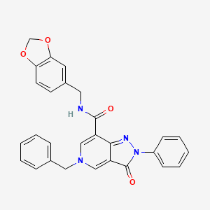 molecular formula C28H22N4O4 B11270537 N-(benzo[d][1,3]dioxol-5-ylmethyl)-5-benzyl-3-oxo-2-phenyl-3,5-dihydro-2H-pyrazolo[4,3-c]pyridine-7-carboxamide 