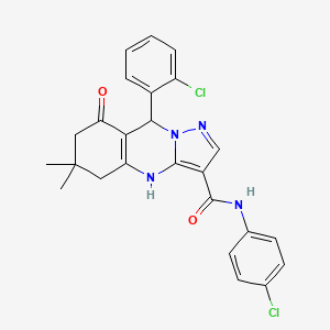 molecular formula C25H22Cl2N4O2 B11271138 9-(2-chlorophenyl)-N-(4-chlorophenyl)-6,6-dimethyl-8-oxo-4,5,6,7,8,9-hexahydropyrazolo[5,1-b]quinazoline-3-carboxamide 