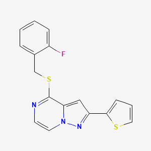 molecular formula C17H12FN3S2 B11271182 4-[(2-Fluorobenzyl)sulfanyl]-2-(thiophen-2-yl)pyrazolo[1,5-a]pyrazine 