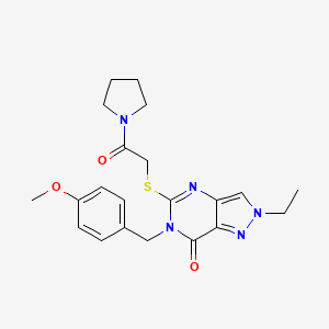 molecular formula C21H25N5O3S B11271264 2-ethyl-6-(4-methoxybenzyl)-5-{[2-oxo-2-(pyrrolidin-1-yl)ethyl]sulfanyl}-2,6-dihydro-7H-pyrazolo[4,3-d]pyrimidin-7-one 