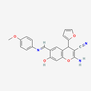 molecular formula C22H17N3O4 B11271289 2-amino-4-(2-furyl)-7-hydroxy-6-{[(4-methoxyphenyl)imino]methyl}-4H-chromen-3-yl cyanide 