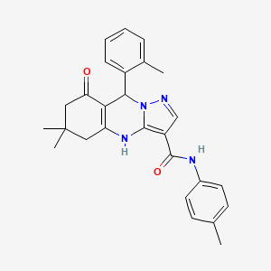 molecular formula C27H28N4O2 B11271310 6,6-dimethyl-9-(2-methylphenyl)-N-(4-methylphenyl)-8-oxo-4,5,6,7,8,9-hexahydropyrazolo[5,1-b]quinazoline-3-carboxamide 