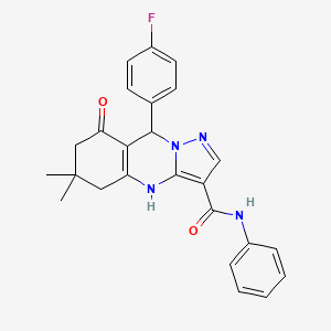 molecular formula C25H23FN4O2 B11271600 9-(4-fluorophenyl)-6,6-dimethyl-8-oxo-N-phenyl-4,5,6,7,8,9-hexahydropyrazolo[5,1-b]quinazoline-3-carboxamide 