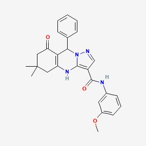 molecular formula C26H26N4O3 B11272341 N-(3-methoxyphenyl)-6,6-dimethyl-8-oxo-9-phenyl-4,5,6,7,8,9-hexahydropyrazolo[5,1-b]quinazoline-3-carboxamide 