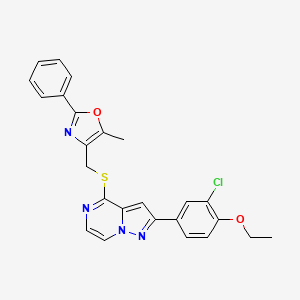 molecular formula C25H21ClN4O2S B11272933 2-(3-Chloro-4-ethoxyphenyl)-4-{[(5-methyl-2-phenyl-1,3-oxazol-4-yl)methyl]sulfanyl}pyrazolo[1,5-a]pyrazine 