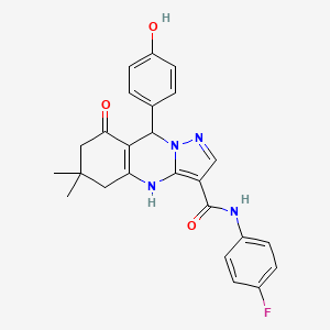 molecular formula C25H23FN4O3 B11273615 N-(4-fluorophenyl)-9-(4-hydroxyphenyl)-6,6-dimethyl-8-oxo-4,5,6,7,8,9-hexahydropyrazolo[5,1-b]quinazoline-3-carboxamide 