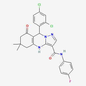 molecular formula C25H21Cl2FN4O2 B11273773 9-(2,4-dichlorophenyl)-N-(4-fluorophenyl)-6,6-dimethyl-8-oxo-4,5,6,7,8,9-hexahydropyrazolo[5,1-b]quinazoline-3-carboxamide 