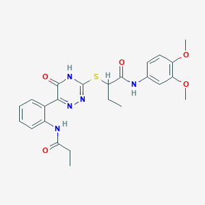 N-(3,4-Dimethoxyphenyl)-2-{[5-oxo-6-(2-propanamidophenyl)-4,5-dihydro-1,2,4-triazin-3-YL]sulfanyl}butanamide