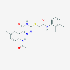 molecular formula C23H25N5O3S B11273875 N-{2-[3-({[(2,3-Dimethylphenyl)carbamoyl]methyl}sulfanyl)-5-oxo-4,5-dihydro-1,2,4-triazin-6-YL]-4-methylphenyl}propanamide 