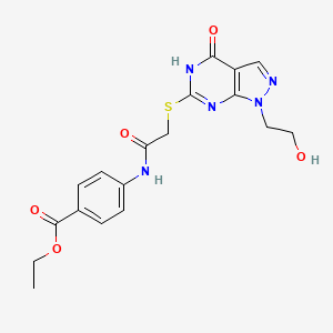 molecular formula C18H19N5O5S B11274118 ethyl 4-(2-((1-(2-hydroxyethyl)-4-oxo-4,5-dihydro-1H-pyrazolo[3,4-d]pyrimidin-6-yl)thio)acetamido)benzoate 