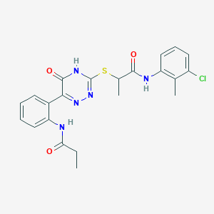 N-(3-Chloro-2-methylphenyl)-2-{[5-oxo-6-(2-propanamidophenyl)-4,5-dihydro-1,2,4-triazin-3-YL]sulfanyl}propanamide