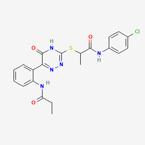 molecular formula C21H20ClN5O3S B11274534 N-(4-Chlorophenyl)-2-{[5-oxo-6-(2-propanamidophenyl)-4,5-dihydro-1,2,4-triazin-3-YL]sulfanyl}propanamide 