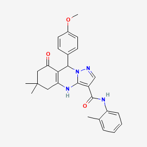 molecular formula C27H28N4O3 B11274607 9-(4-methoxyphenyl)-6,6-dimethyl-N-(2-methylphenyl)-8-oxo-4,5,6,7,8,9-hexahydropyrazolo[5,1-b]quinazoline-3-carboxamide 