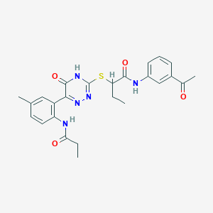 N-(3-Acetylphenyl)-2-{[6-(5-methyl-2-propanamidophenyl)-5-oxo-4,5-dihydro-1,2,4-triazin-3-YL]sulfanyl}butanamide