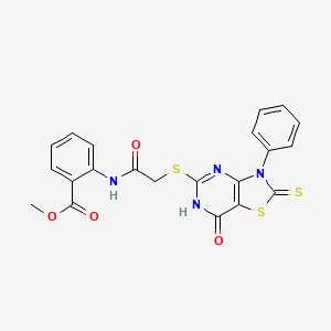 molecular formula C21H16N4O4S3 B11275033 Methyl 2-(2-((7-oxo-3-phenyl-2-thioxo-2,3,6,7-tetrahydrothiazolo[4,5-d]pyrimidin-5-yl)thio)acetamido)benzoate 