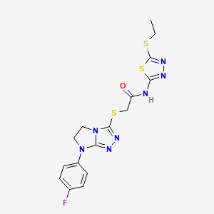 molecular formula C16H16FN7OS3 B11275208 N-(5-(ethylthio)-1,3,4-thiadiazol-2-yl)-2-((7-(4-fluorophenyl)-6,7-dihydro-5H-imidazo[2,1-c][1,2,4]triazol-3-yl)thio)acetamide 