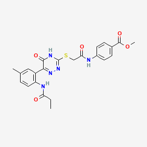 Methyl 4-(2-{[6-(5-methyl-2-propanamidophenyl)-5-oxo-4,5-dihydro-1,2,4-triazin-3-YL]sulfanyl}acetamido)benzoate