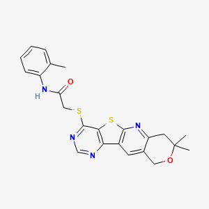 molecular formula C23H22N4O2S2 B11275361 2-[(5,5-dimethyl-6-oxa-17-thia-2,12,14-triazatetracyclo[8.7.0.03,8.011,16]heptadeca-1,3(8),9,11,13,15-hexaen-15-yl)sulfanyl]-N-(2-methylphenyl)acetamide 