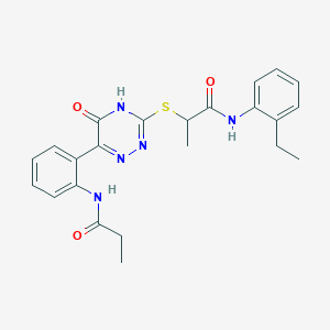 N-(2-Ethylphenyl)-2-{[5-oxo-6-(2-propanamidophenyl)-4,5-dihydro-1,2,4-triazin-3-YL]sulfanyl}propanamide