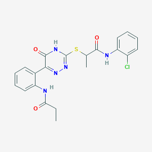 N-(2-Chlorophenyl)-2-{[5-oxo-6-(2-propanamidophenyl)-4,5-dihydro-1,2,4-triazin-3-YL]sulfanyl}propanamide