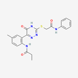 molecular formula C21H21N5O3S B11275527 N-[4-Methyl-2-(5-oxo-3-{[(phenylcarbamoyl)methyl]sulfanyl}-4,5-dihydro-1,2,4-triazin-6-YL)phenyl]propanamide 