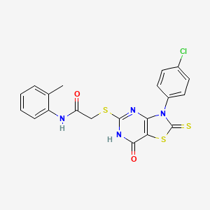 molecular formula C20H15ClN4O2S3 B11275888 2-((3-(4-chlorophenyl)-7-oxo-2-thioxo-2,3,6,7-tetrahydrothiazolo[4,5-d]pyrimidin-5-yl)thio)-N-(o-tolyl)acetamide 