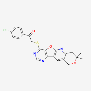 1-(4-chlorophenyl)-2-[(5,5-dimethyl-6,17-dioxa-2,12,14-triazatetracyclo[8.7.0.03,8.011,16]heptadeca-1(10),2,8,11(16),12,14-hexaen-15-yl)sulfanyl]ethanone