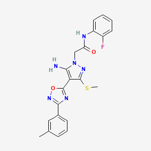 molecular formula C21H19FN6O2S B11276147 2-{5-amino-4-[3-(3-methylphenyl)-1,2,4-oxadiazol-5-yl]-3-(methylsulfanyl)-1H-pyrazol-1-yl}-N-(2-fluorophenyl)acetamide 