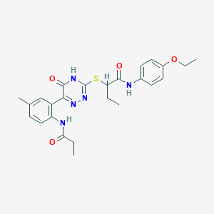 N-(4-Ethoxyphenyl)-2-{[6-(5-methyl-2-propanamidophenyl)-5-oxo-4,5-dihydro-1,2,4-triazin-3-YL]sulfanyl}butanamide