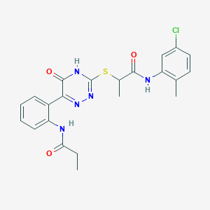 molecular formula C22H22ClN5O3S B11276412 N-(5-Chloro-2-methylphenyl)-2-{[5-oxo-6-(2-propanamidophenyl)-4,5-dihydro-1,2,4-triazin-3-YL]sulfanyl}propanamide 