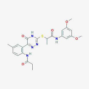 N-(3,5-Dimethoxyphenyl)-2-{[6-(5-methyl-2-propanamidophenyl)-5-oxo-4,5-dihydro-1,2,4-triazin-3-YL]sulfanyl}propanamide