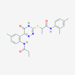 molecular formula C24H27N5O3S B11276483 N-(2,4-Dimethylphenyl)-2-{[6-(5-methyl-2-propanamidophenyl)-5-oxo-4,5-dihydro-1,2,4-triazin-3-YL]sulfanyl}propanamide 