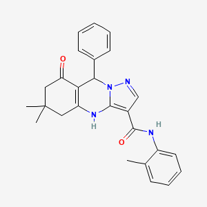 molecular formula C26H26N4O2 B11276525 6,6-dimethyl-N-(2-methylphenyl)-8-oxo-9-phenyl-4,5,6,7,8,9-hexahydropyrazolo[5,1-b]quinazoline-3-carboxamide 