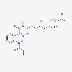 molecular formula C22H21N5O4S B11276697 N-{2-[3-({[(4-Acetylphenyl)carbamoyl]methyl}sulfanyl)-5-oxo-4,5-dihydro-1,2,4-triazin-6-YL]phenyl}propanamide 