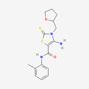 molecular formula C16H19N3O2S2 B11276834 4-amino-N-(2-methylphenyl)-3-(tetrahydrofuran-2-ylmethyl)-2-thioxo-2,3-dihydro-1,3-thiazole-5-carboxamide 