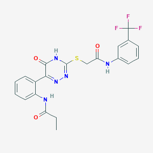 molecular formula C21H18F3N5O3S B11276987 N-(2-{5-Oxo-3-[({[3-(trifluoromethyl)phenyl]carbamoyl}methyl)sulfanyl]-4,5-dihydro-1,2,4-triazin-6-YL}phenyl)propanamide 