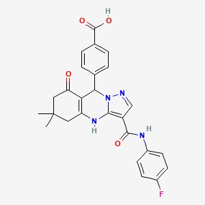 molecular formula C26H23FN4O4 B11277103 4-{3-[(4-Fluorophenyl)carbamoyl]-6,6-dimethyl-8-oxo-4,5,6,7,8,9-hexahydropyrazolo[5,1-b]quinazolin-9-yl}benzoic acid 