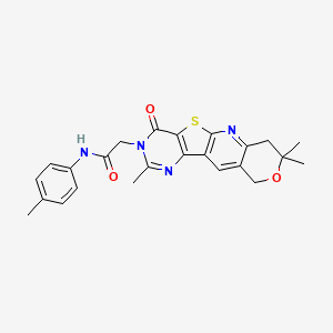 molecular formula C24H24N4O3S B11277227 N-(4-methylphenyl)-2-(5,5,13-trimethyl-15-oxo-6-oxa-17-thia-2,12,14-triazatetracyclo[8.7.0.03,8.011,16]heptadeca-1,3(8),9,11(16),12-pentaen-14-yl)acetamide 