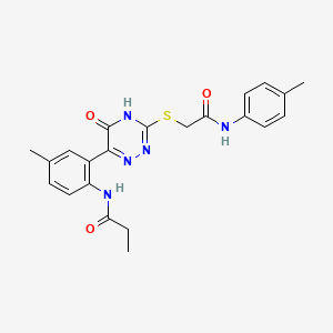 molecular formula C22H23N5O3S B11277304 N-{4-Methyl-2-[3-({[(4-methylphenyl)carbamoyl]methyl}sulfanyl)-5-oxo-4,5-dihydro-1,2,4-triazin-6-YL]phenyl}propanamide 