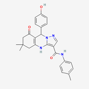 molecular formula C26H26N4O3 B11277481 9-(4-hydroxyphenyl)-6,6-dimethyl-N-(4-methylphenyl)-8-oxo-4,5,6,7,8,9-hexahydropyrazolo[5,1-b]quinazoline-3-carboxamide 